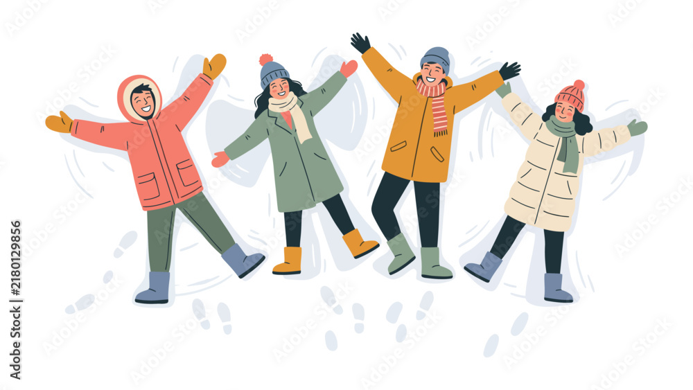 Obraz premium Group of friends making snow angels in winter clothes.