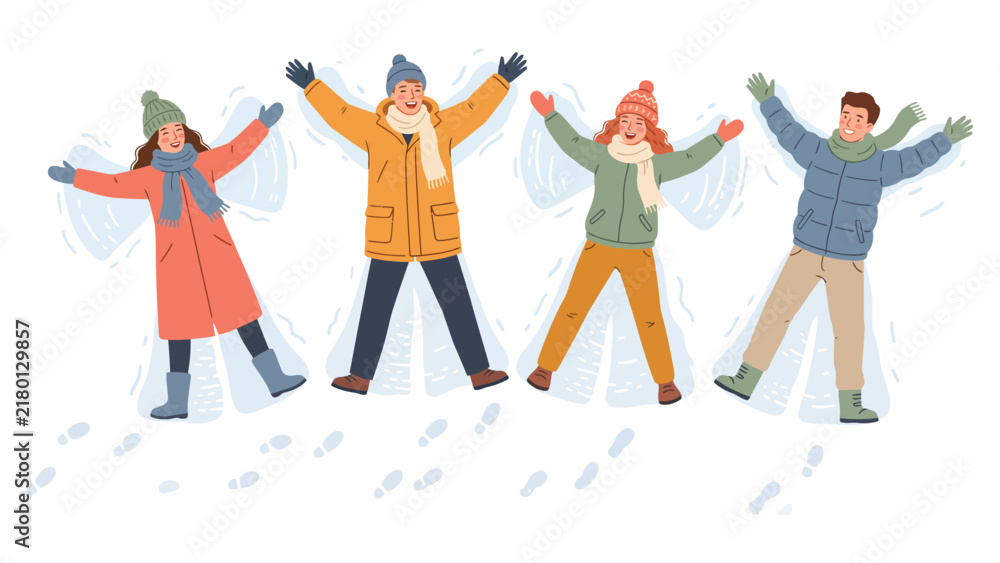 Obraz premium Group of friends making snow angels together during a joyful winter day.