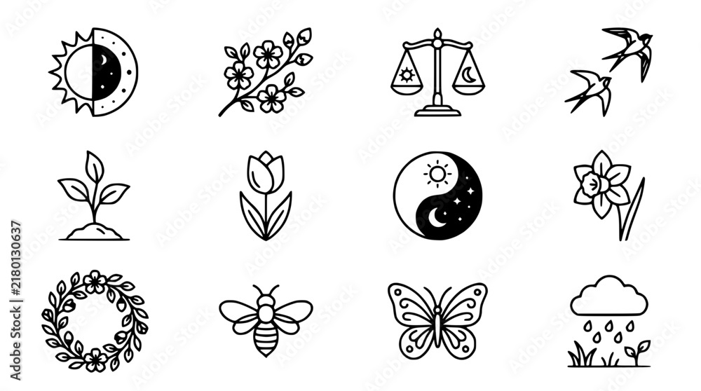 Fototapeta premium Nature Icons Set: Sun, Moon, Flowers, Birds, Bee, Butterfly, Yin Yang, Balance