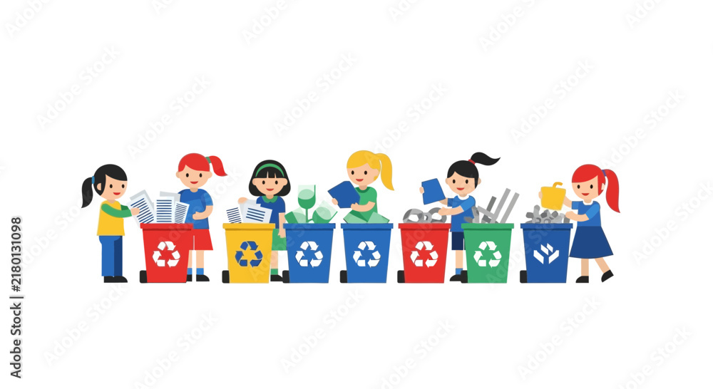 Fototapeta premium Children Sorting Waste into Colorful Recycling Bins Vector Illustration for Environmental Education and Sustainability