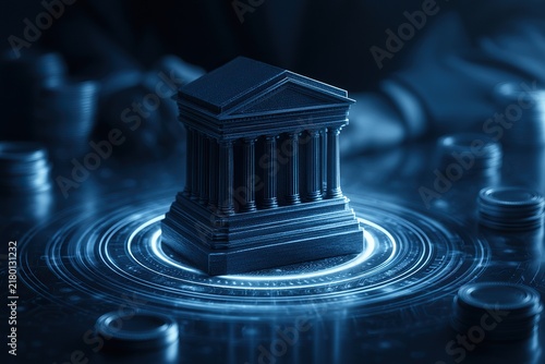 Miniature bank building surrounded by coins and glowing digital rings, symbolizing digital banking, fintech, and blockchain finance.