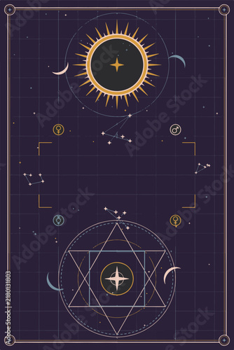 фотографія Occult grimoire cover with cosmic symbols, mystical sigils, vintage fantasy, and retro celestial art