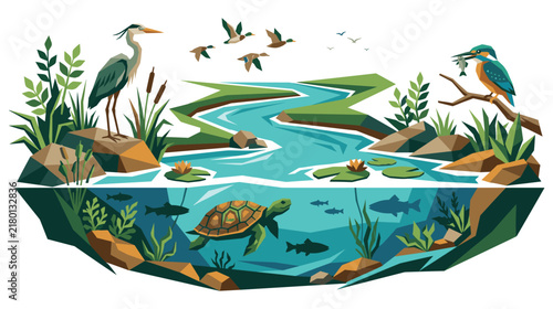 Geometric vector illustration of river ecosystem with turtle life.