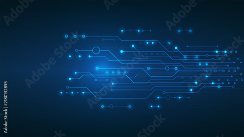 Obraz na plátne Abstract blue circuit board background with glowing digital nodes and connecting