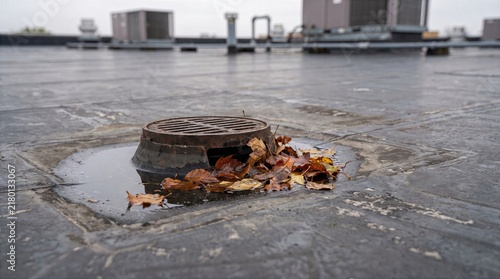 Leaves blocking drain on flat rooftop