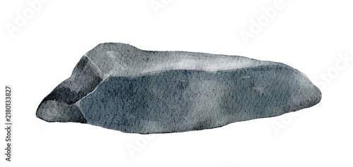 Watercolor illustration of a broad gray stone with an irregular surface and natural texture, presenting a simple rocky element suitable for outdoor, landscape and wilderness themed artwork.
