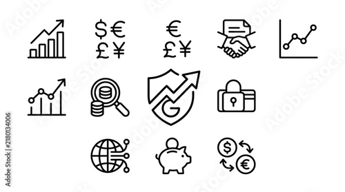 Financial Icons Set: Money, Growth, Security, and Global Business