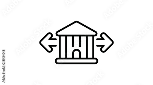 Bank building icon with bidirectional arrows, isolated