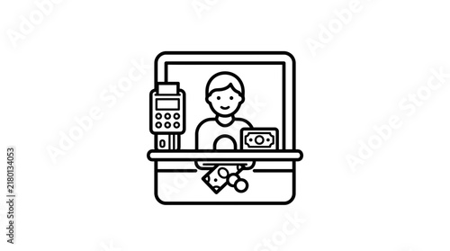 Cashier Icon with Payment Terminal and Money on Transparent Background