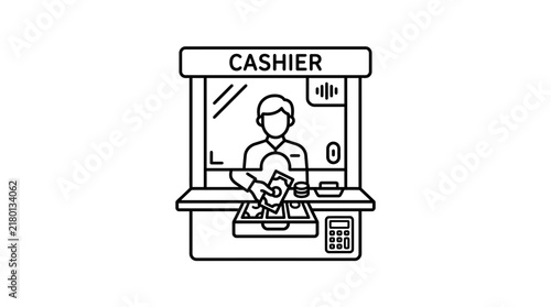 Cashier working at booth, handling money and transactions, isolated illustration