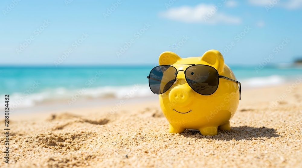 Obraz premium Yellow piggy bank with sunglasses on the sand symbolizing vacation savings and financial freedom.