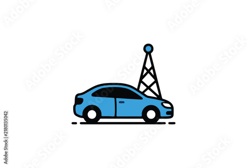 Connected car vector icon with signal tower. Smart vehicle telematics and GPS navigation concept. Blue sedan with antenna.