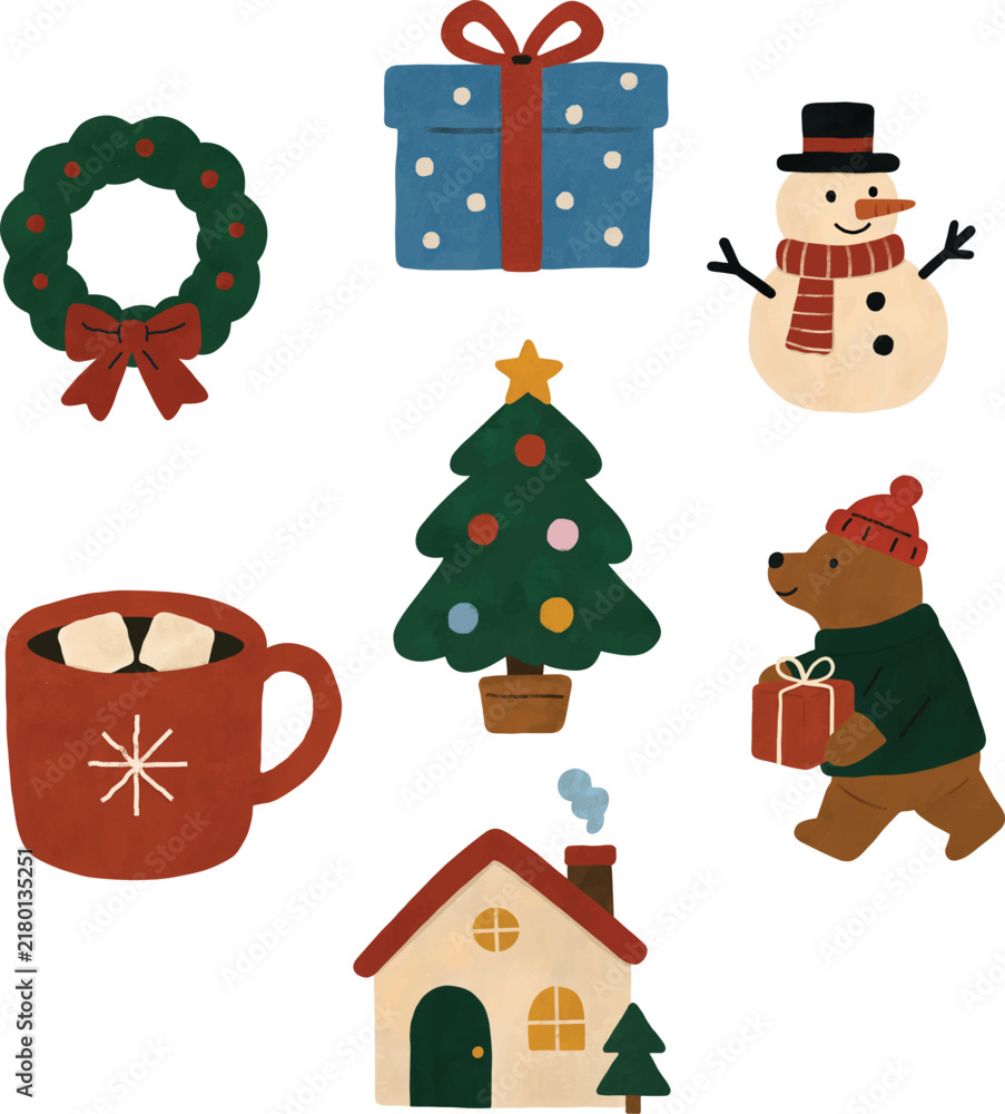 Fototapeta premium Cute Hand-Drawn Winter & Christmas Festive Vector Clipart Set