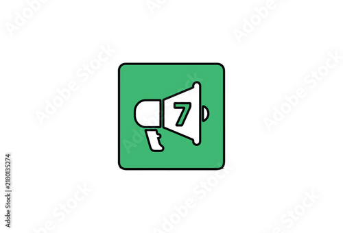 Green megaphone icon with number 7, flat marketing bullhorn vector, announcement and notification symbol for social media apps