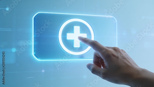 Hand pressing digital health or medical app icon on glowing touchscreen interface