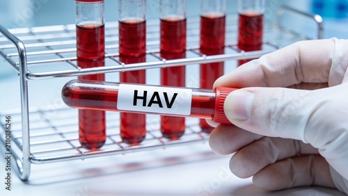 Close-up of HAV test tube held by gloved hand in medical lab setting