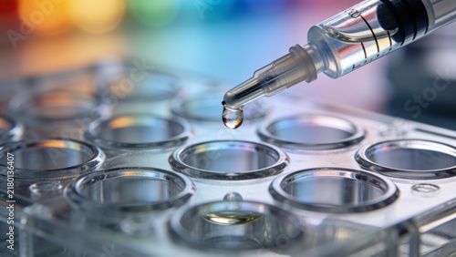 Precision pipette dispensing liquid into sterile microplate wells in lab setting