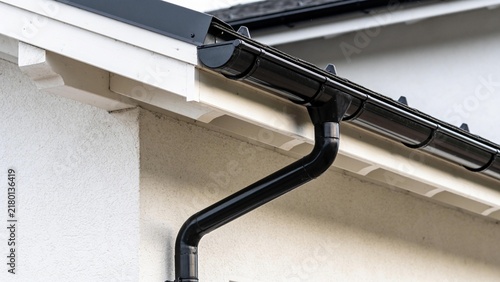 Close-up of modern gutter system installed on a residential house exterior