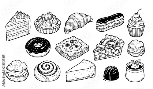 Hand Drawn Sketch Set of Assorted Bakery Pastries with Croissant Eclair Donut and Cake Slice Vector Illustration