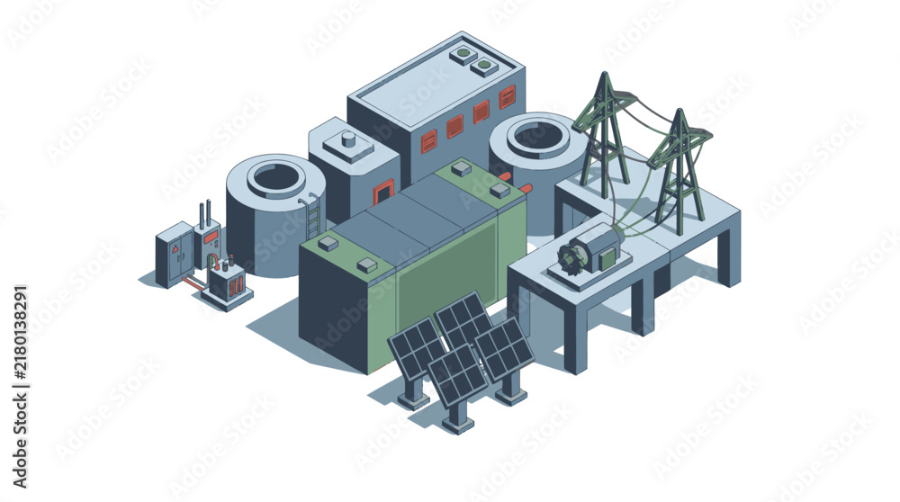 Fototapeta premium Modern Isometric of Power Generation Facility Combining Solar Panels Wind Turbines Generators and Industrial Equipment