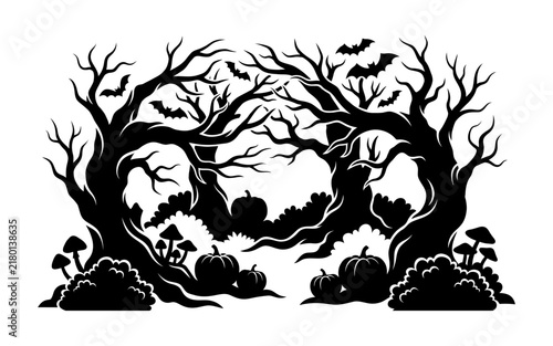 Spooky halloween forest silhouette with twisted dead trees bats and pumpkins