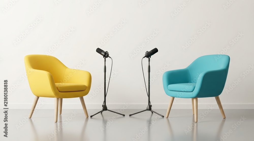 Obraz premium Professional podcast or interview room featuring two chairs and microphone stands.