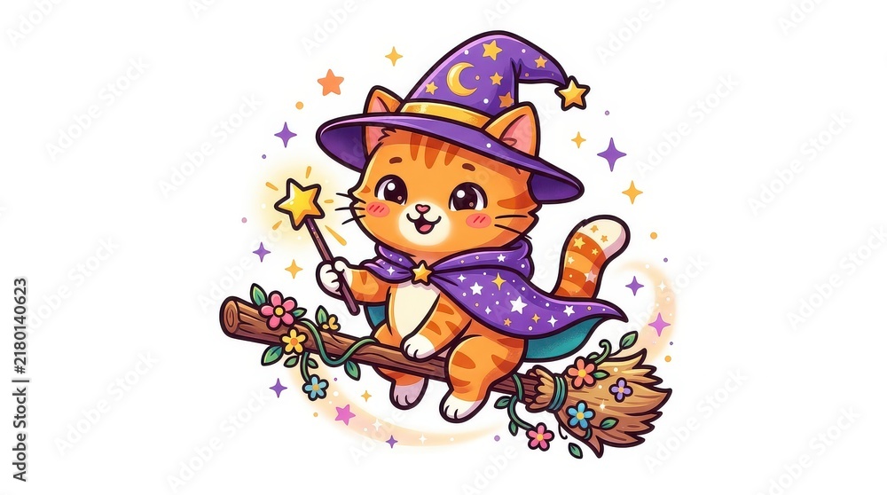 Naklejka premium Cute Ginger Cat Wizard Flying on a Magic Broomstick Illustration, Halloween Kitten in Witch Hat and Cape with Magic Wand