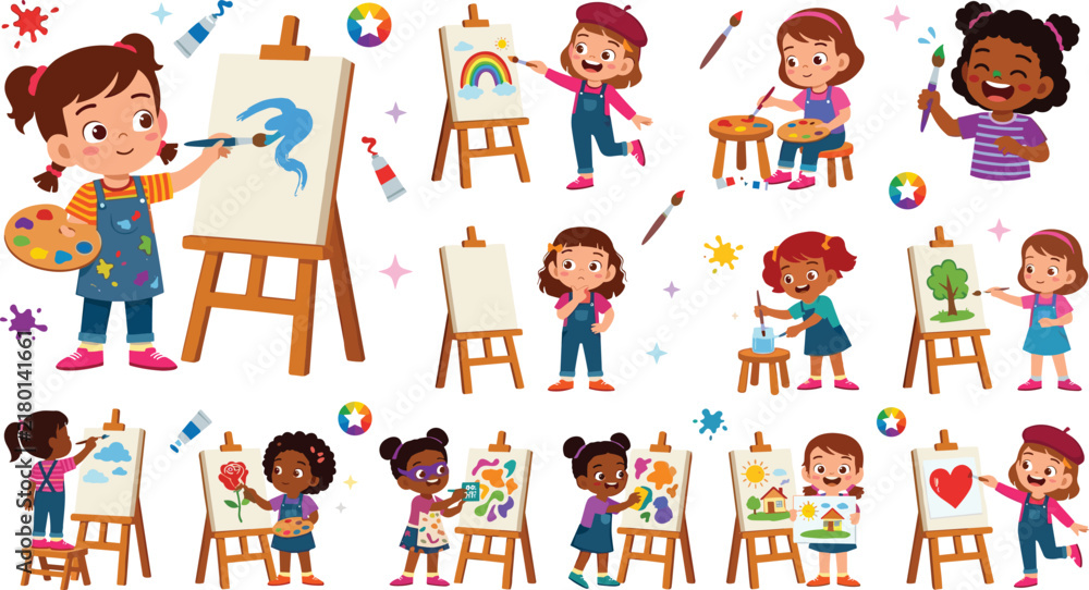 Fototapeta premium Cute Kids Art Class Character Vector Set with Little Children Painting on Easel with Canvas Palette Brush and Colors for Creative Hobby Education Illustrations