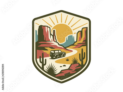Off-Road Vehicle Driving Through Desert Canyon Landscape During Sunny Day Illustration For Travel Badge Adventure Icon
