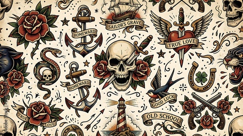 Vintage Old School Tattoo Flash Art Seamless Pattern with Skull Roses Anchors and Nautical Elements