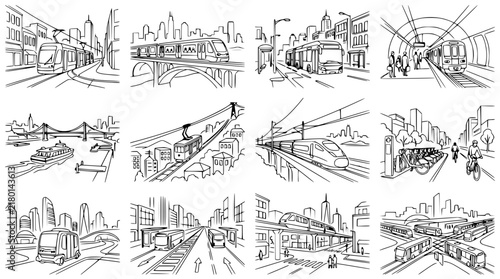 Urban Transit Collection: Sketchy City Transport Scenes with Trains, Trams, and Buses
