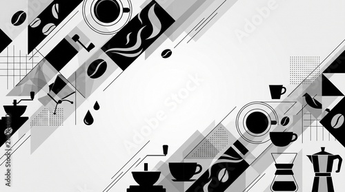 Modern diagonal coffee background design with geometric shapes and brewing accessories.