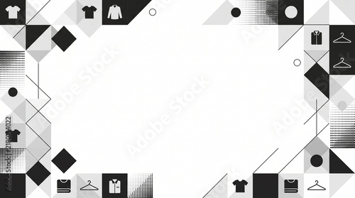 Geometric fashion background with clothing icons and abstract shapes for stylish designs.