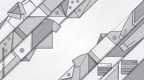 Diagonal fashion pattern with shirt sketches and buttons in clean architectural aesthetic.
