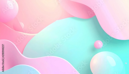 Soft Pastel Abstract Waves and Glossy Spheres Floating in Dreamy Gradient Background