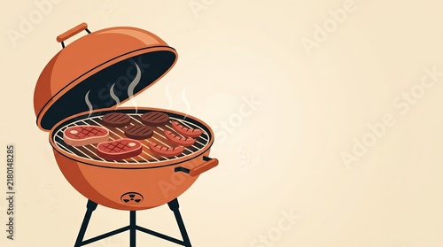 A barbecue grill with meat on a flat vector illustration for National Barbecue Month in May