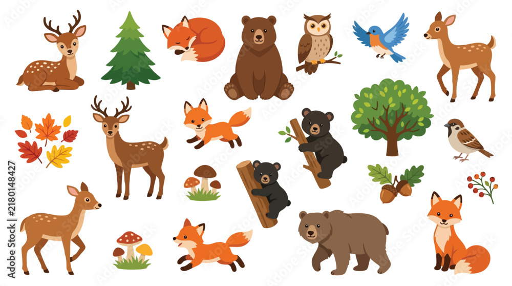 Fototapeta premium A charming collection of forest animals including deer, foxes, bears, owls, and birds, along with trees, mushrooms, and autumn leaves, rendered in a whimsical, illustrative style.