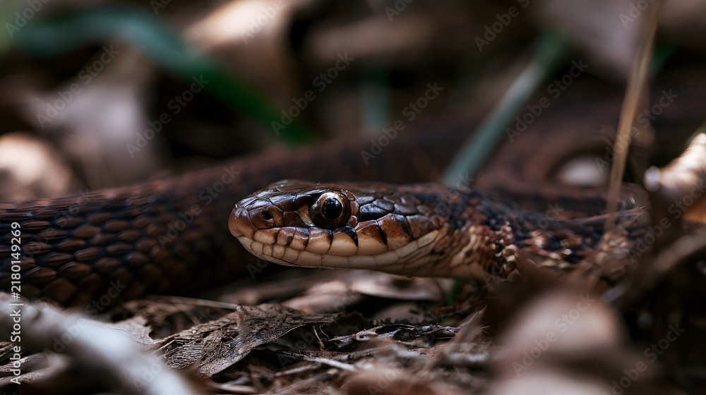 Obraz premium A close up of a snake s head with detailed scales and focused eye resting among dry leaves and twigs in a forest setting