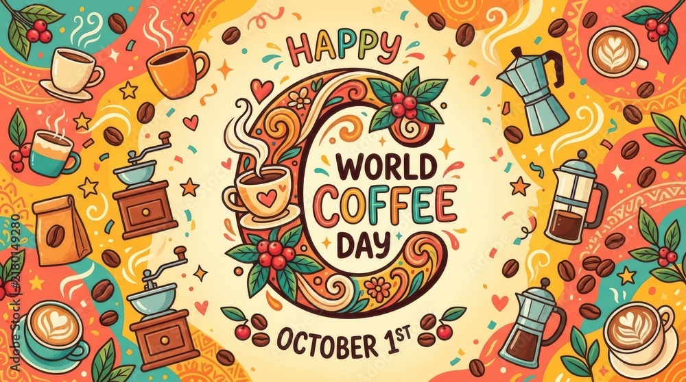 Fototapeta premium Happy world coffee day illustration with coffee cups and beans