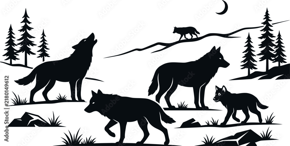 Fototapeta premium Wolf Pack Howling Silhouette Landscape Nature