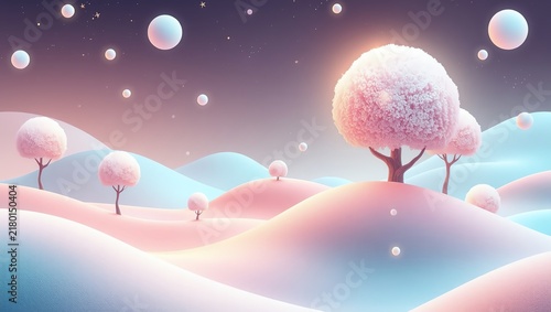 A whimsical landscape scene featuring pastel-colored hills, fluffy trees, and floating spheres