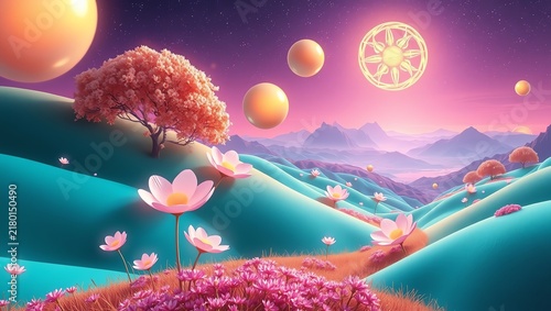 A vibrant landscape featuring colorful flowers, rolling hills, and cosmic spheres under a surreal glow