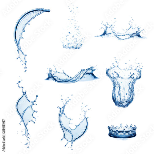Six dynamic sapphire blue water splash elements, frozen mid-action with high velocity jets, spray, and bubbles, against a transparent infinity cyclorama background, concept for beverage advertising