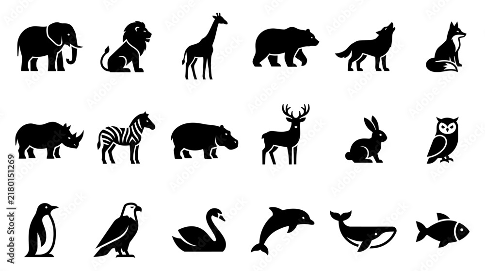 Fototapeta premium Set of Various Animal Silhouette Icons Featuring Wildlife Species and Marine Creatures for Graphic Design Projects (7)