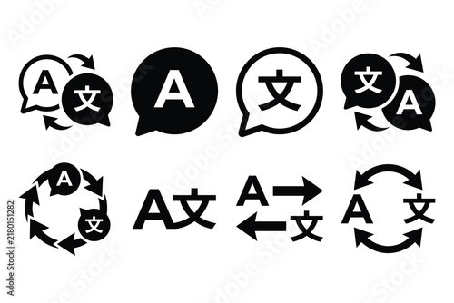Foto Collection of black language translation icons and circular speech bubble symbol