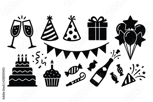 Collection of birthday party celebration elements including cake balloons and champagne with champagne glass party hats gift box party blower bunting banner confetti birthday celebration
