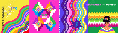 National Hispanic heritage month poster, web banner with  papel picado, guitar, decor Hispanic and Latino Americans culture, event Celebrate annual in United States Vector illustration template backgr