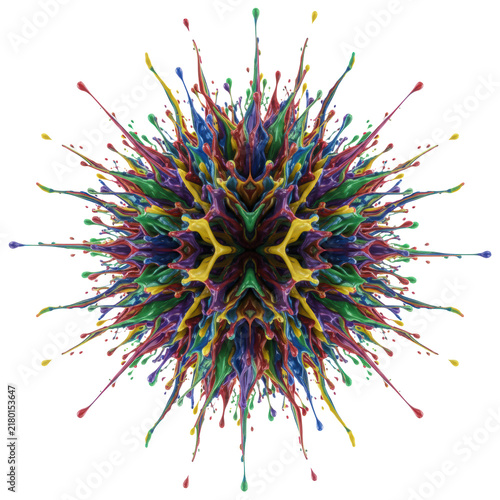 A spectacular, highly viscous multicolored paint splash, frozen in a symmetrical circular burst with sharp droplets, suspended mid-air against a transparent background, showcasing explosive kinetic