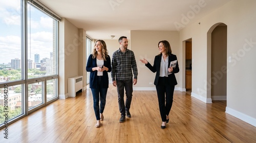 Real Estate Agent Shows Modern Apartment to Couple with City View