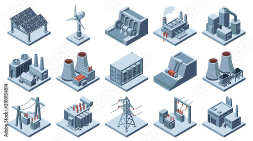 Minimalist Isometric of Various Energy Production and Electrical Infrastructure Icons in Blue Gray Color Scheme